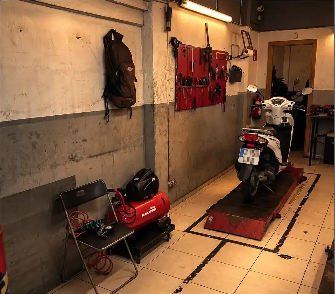 Motorcycles ready for rental in the workshop